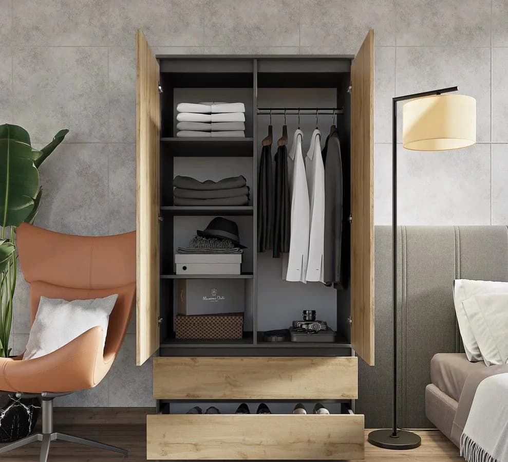Furnica Kleiderschrank Joelle 90 cm Anthrazit/Weiß mit 2 Türen und 2 Schubladen - Bild 4