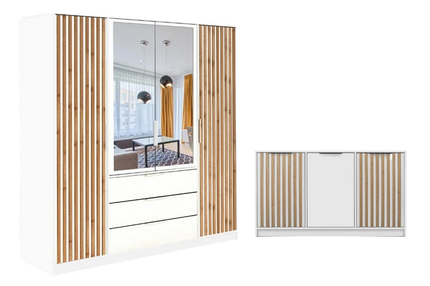 LABOO LUX Schlafzimmer-Set Eiche Wotan Schwarz Kleiderschrank & Kommode - Bild 2