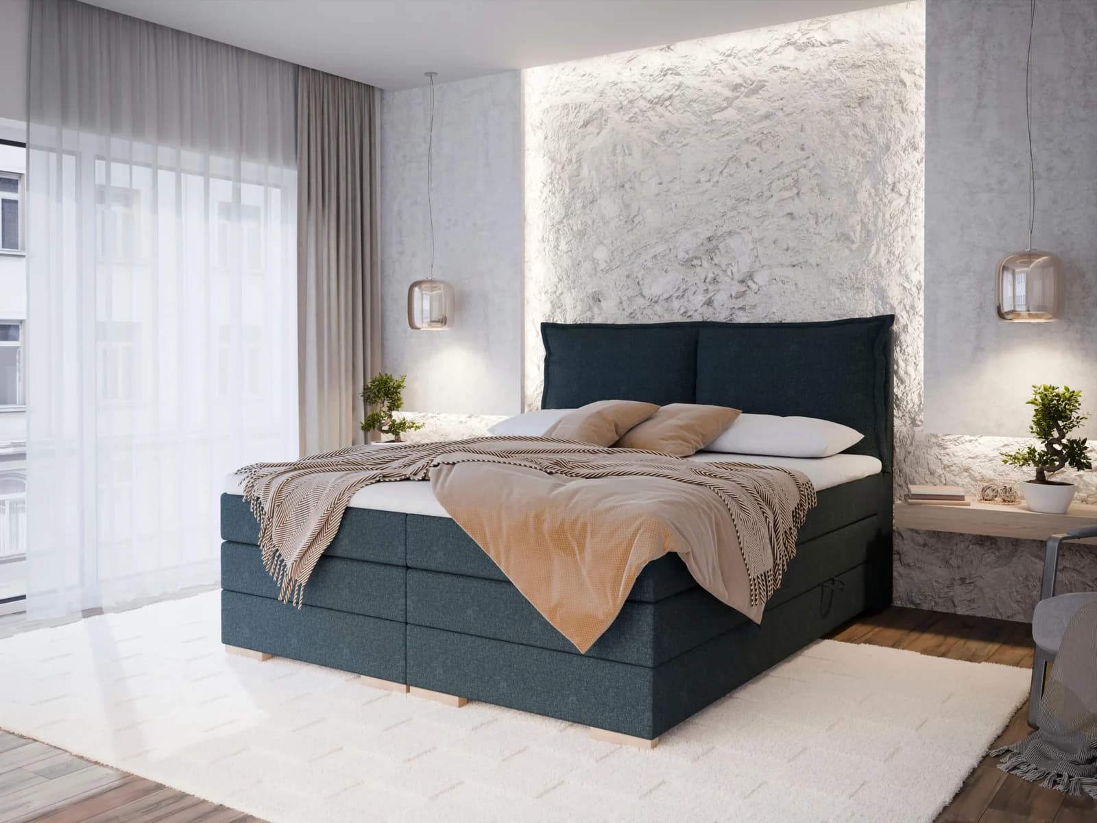 FORTE Boxspringbett Pillows mit Bettkasten Dunkelblau