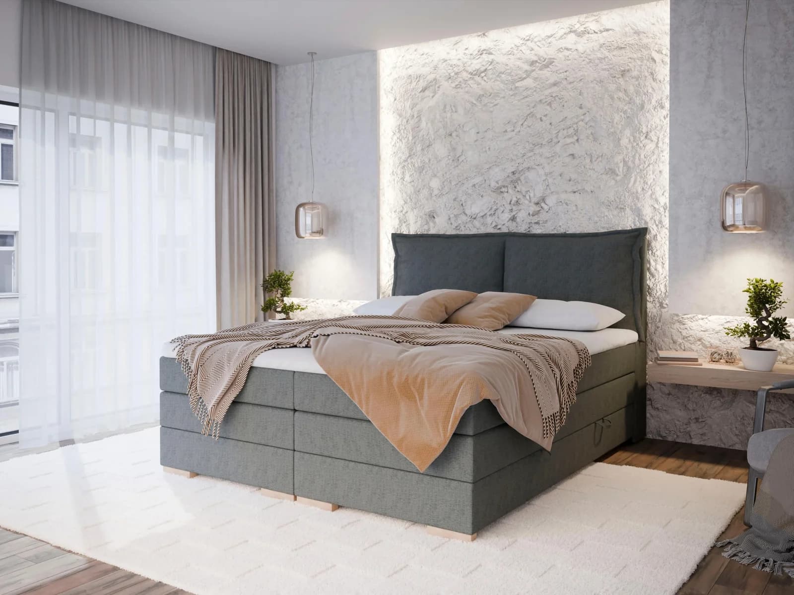 FORTE Boxspringbett Pillows mit Bettkasten Dunkelgrau
