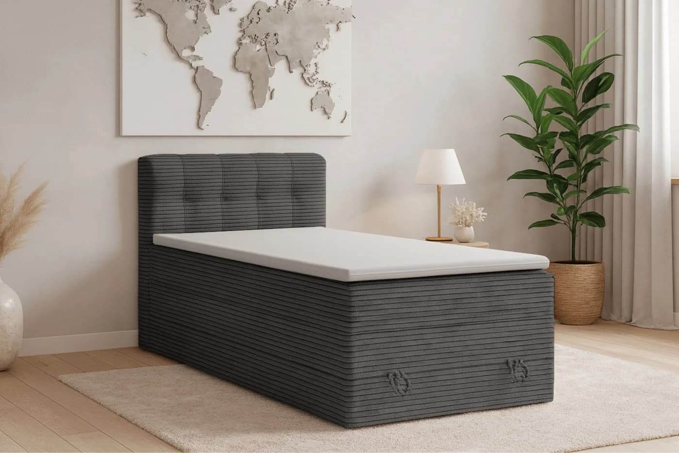Deine Möbel 24 Boxspringbett JUNG 2 Cord-Stoff Grau mit Bettkasten & Topper