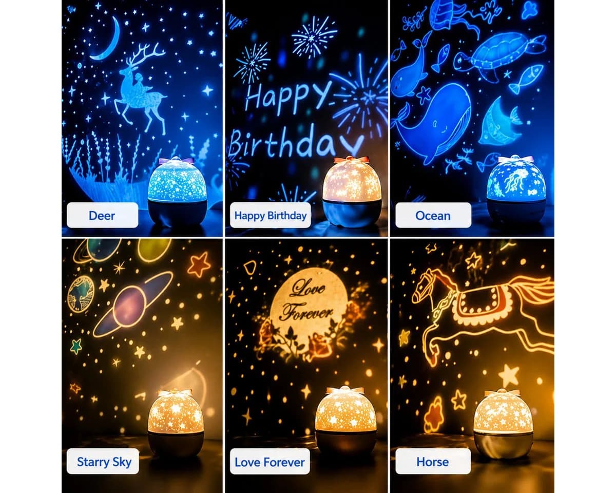 R2 Invest Nachtlicht Projektor Kinder LED Sternenhimmel mit 6 Motiven Weiß