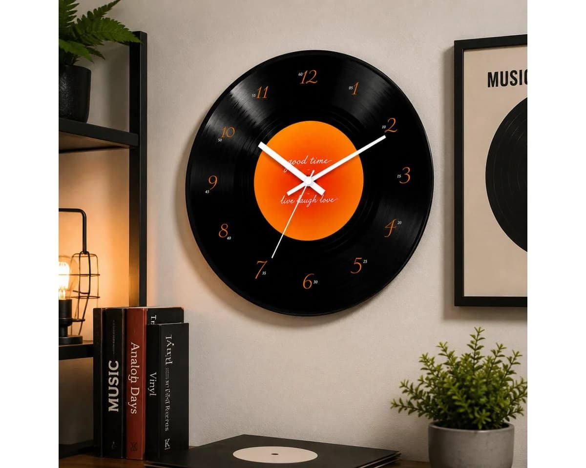 R2 Invest Wanduhr Retro Schallplatte Schwarz/Orange 30 cm