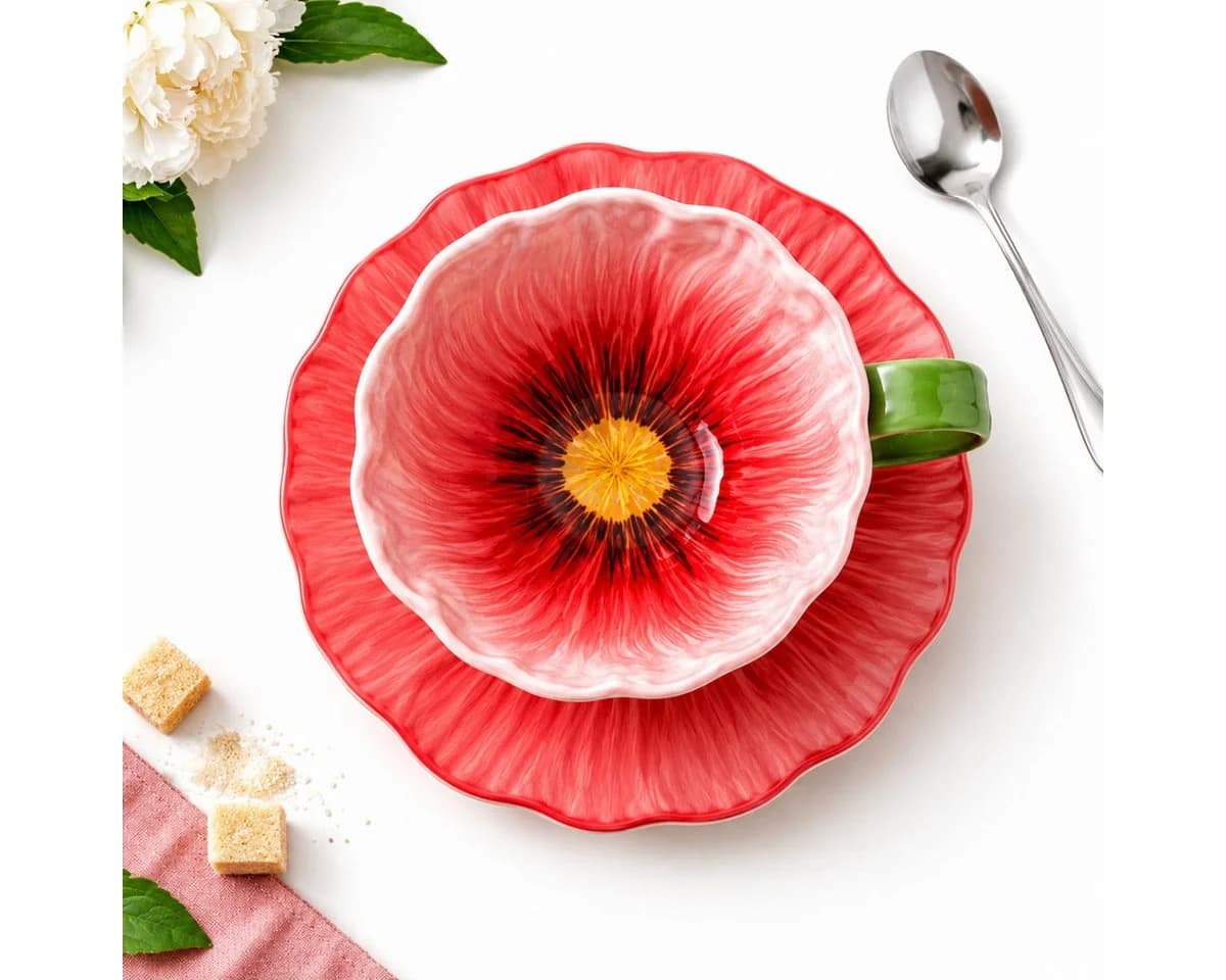 R2 Invest Kaffeetasse mit Untertasse Rosa Florales Design 2-tlg.