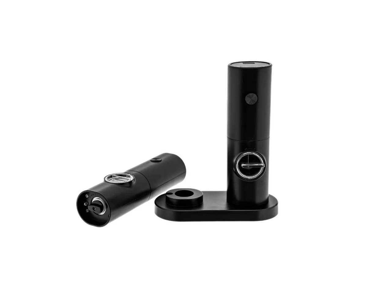 R2 Invest Elektrische Gewürzmühle 2er Set Schwarz mit Standhalter