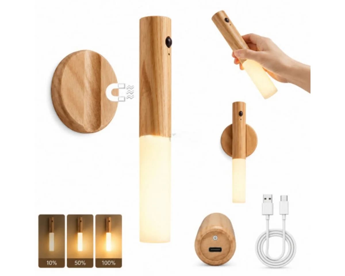R2 Invest LED Wandleuchte mit Sensor USB-C Warmweiß Holzoptik