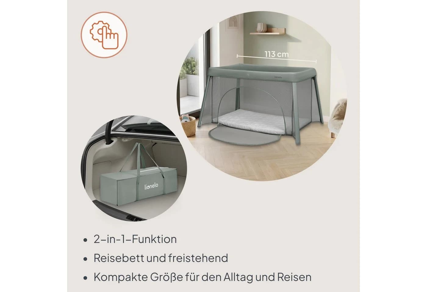 Lionelo Baby-Reisebett MILA Grün 2in1 mit Matratze & Netz - Bild 4