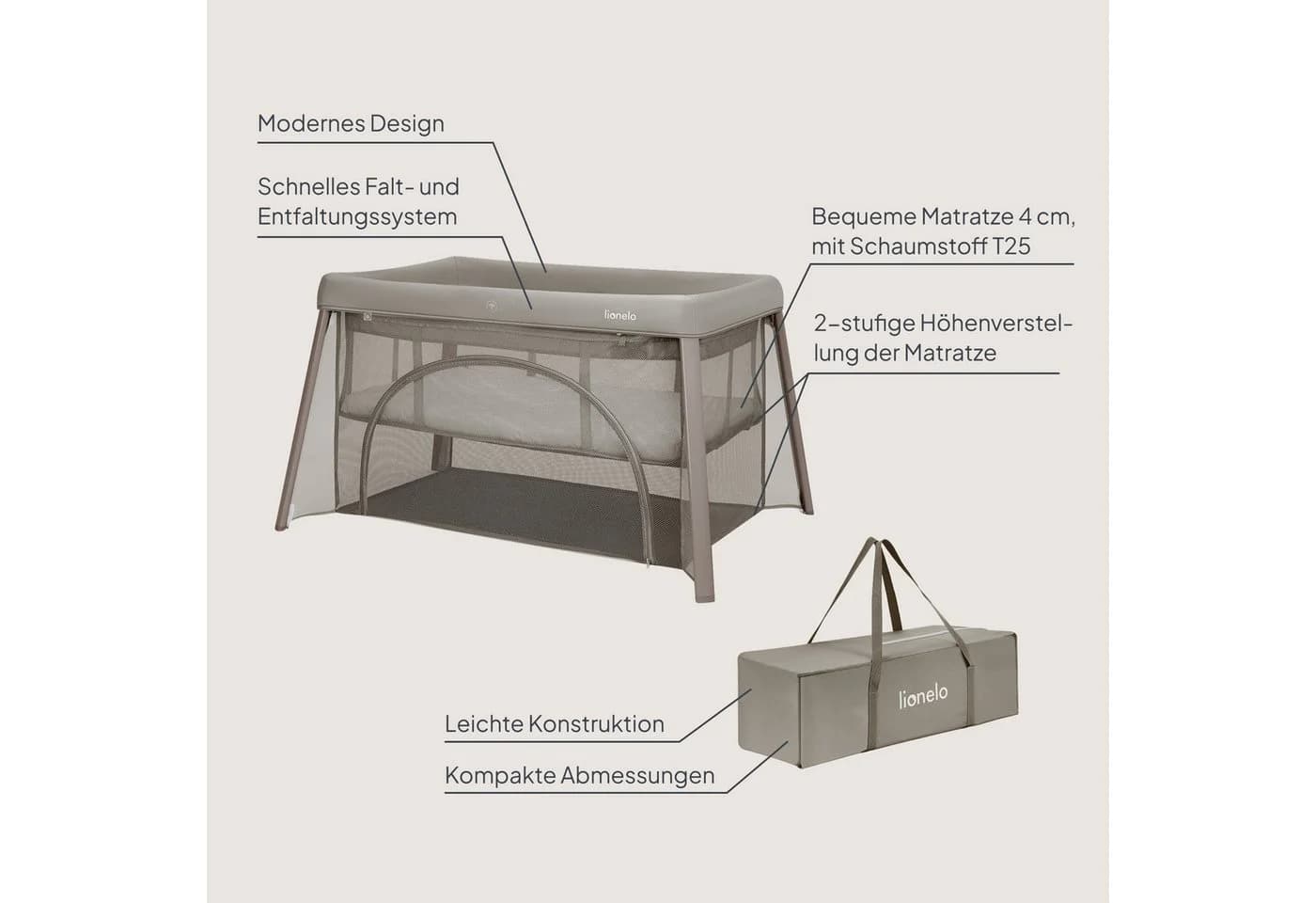 Lionelo Baby-Reisebett MILA Beige 2-in-1 mit Matratze