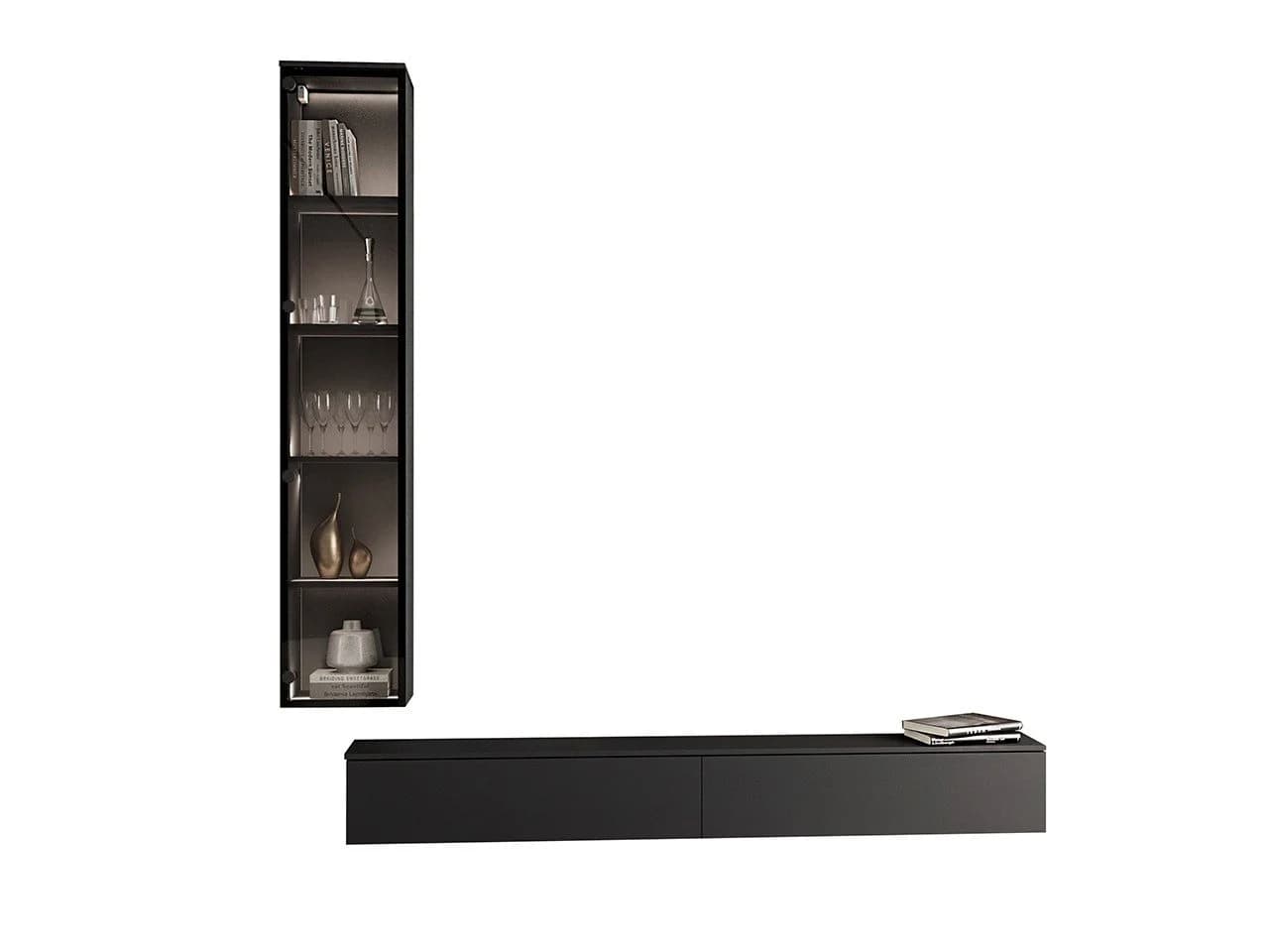 MOEBLINE Wohnwand FIVO 2 Schwarz TV Lowboard mit Hängevitrine