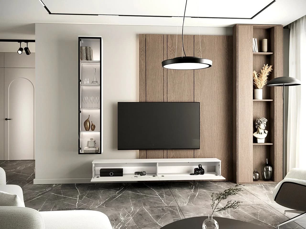 MOEBLINE Wohnwand FIVO 2 Weiß TV-Lowboard Vitrine