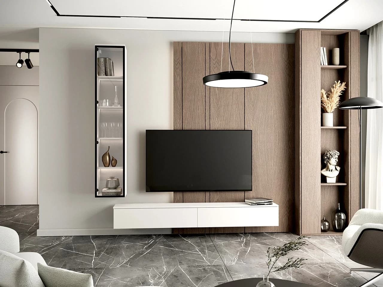 MOEBLINE Wohnwand FIVO 2 Weiß TV-Lowboard Vitrine - Bild 2