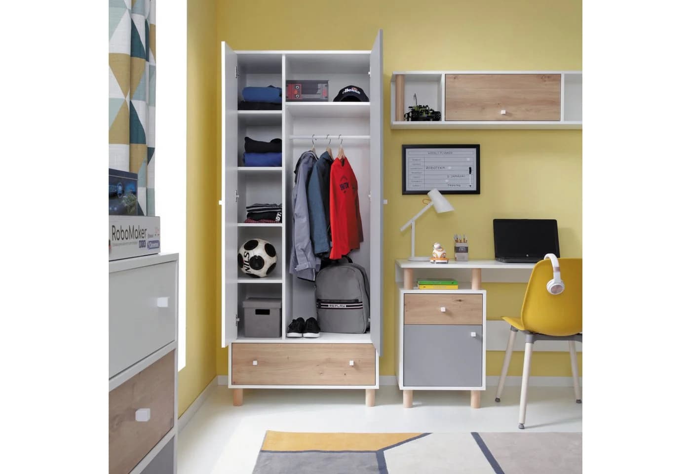Beautysofa Hängeregal FIGO mit Tür und offenen Fächern Weiß Grau Eiche - Bild 4