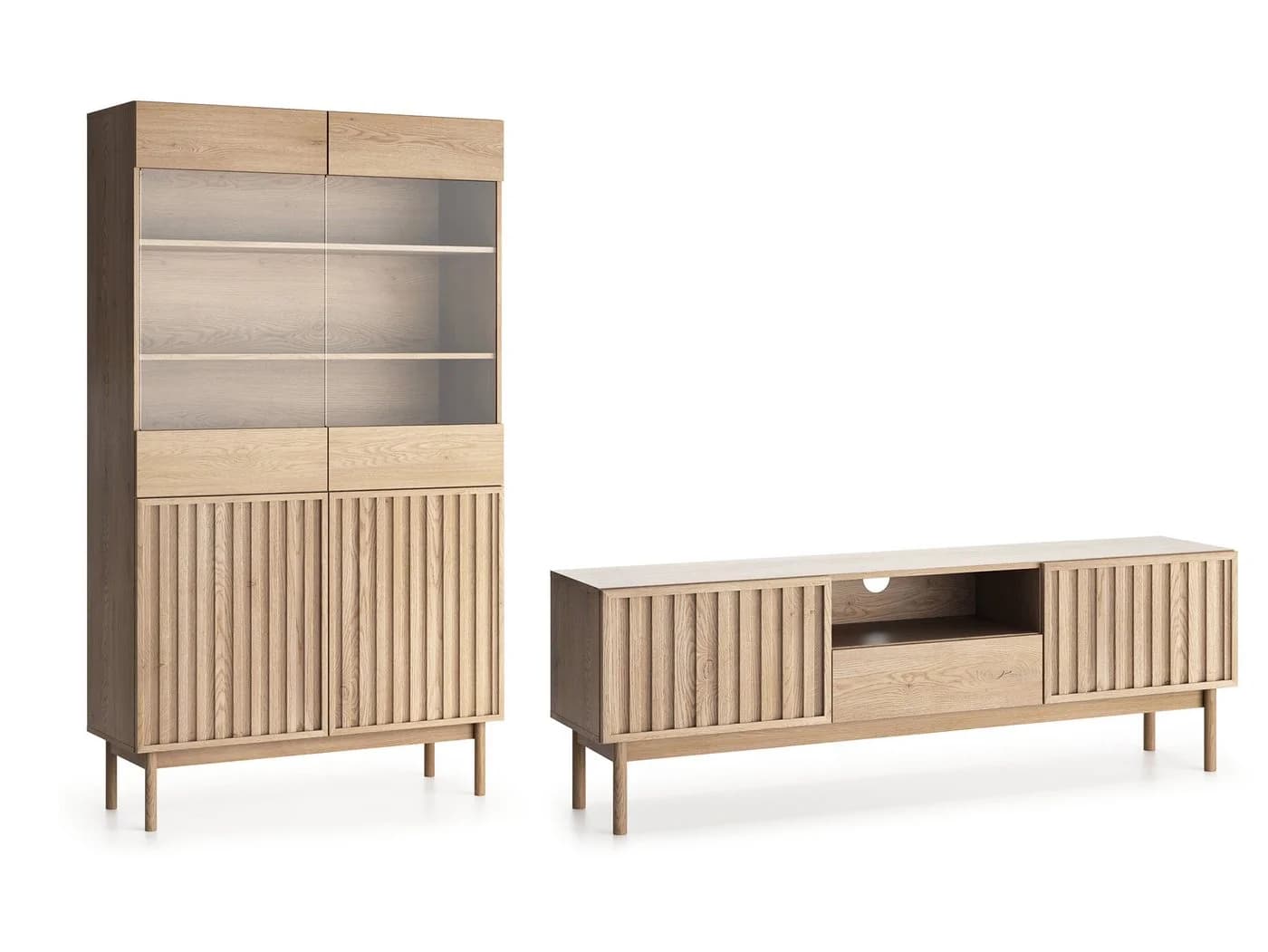 Beautysofa Wohnzimmer-Set SAPPORO Japandi Vitrine TV-Schrank Eiche Cremona