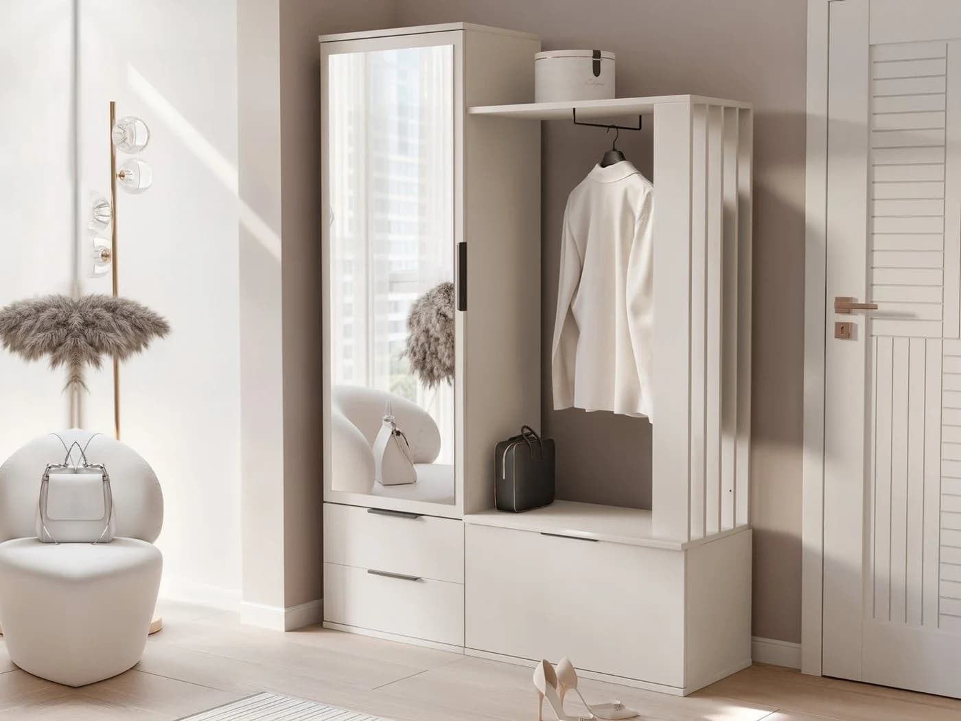 Beautysofa Garderobenschrank LORENZO Modern Mit Spiegel 2 Schubladen Schuhfach Sandbeige - Bild 2