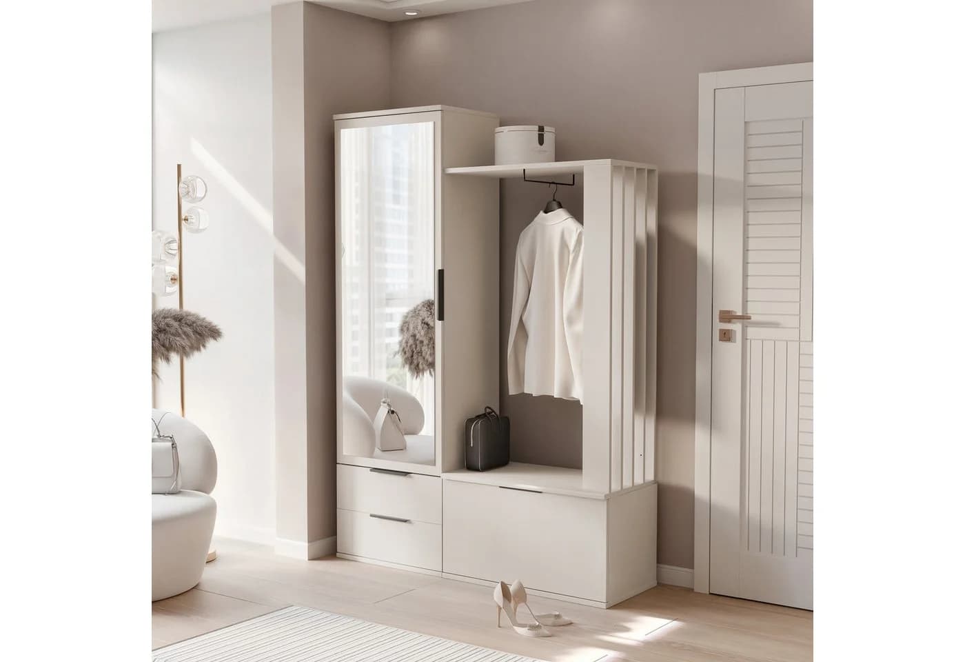 Beautysofa Garderobenschrank LORENZO Modern Mit Spiegel 2 Schubladen Schuhfach Sandbeige - Bild 5