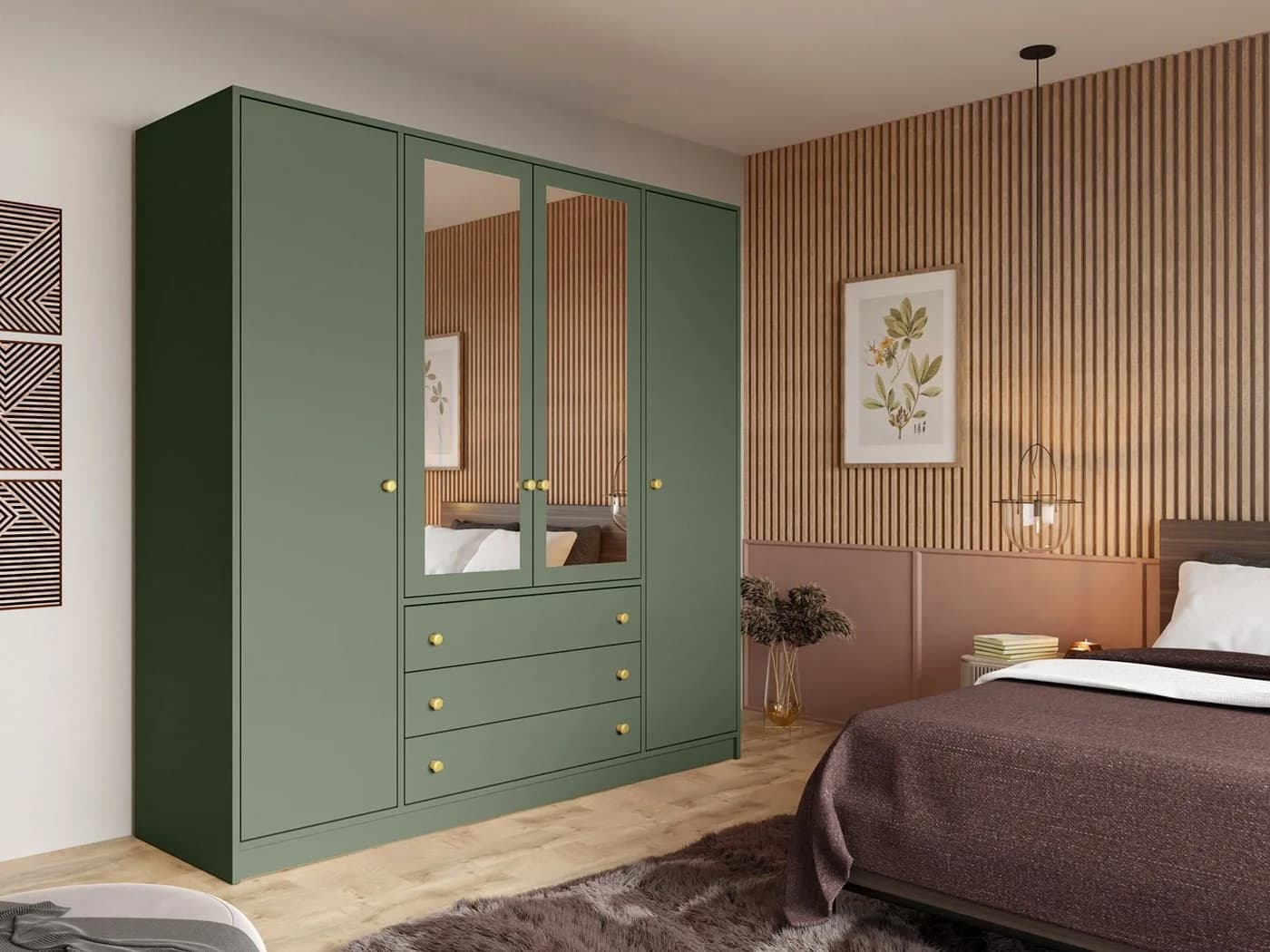 Beautysofa Kleiderschrank mit Spiegel und 3 Schubladen Grün - Bild 2