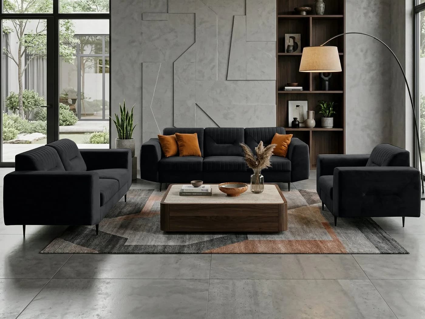 Beautysofa Polstergarnitur VENEZIA Sofa-Set Schwarz Metallbeine