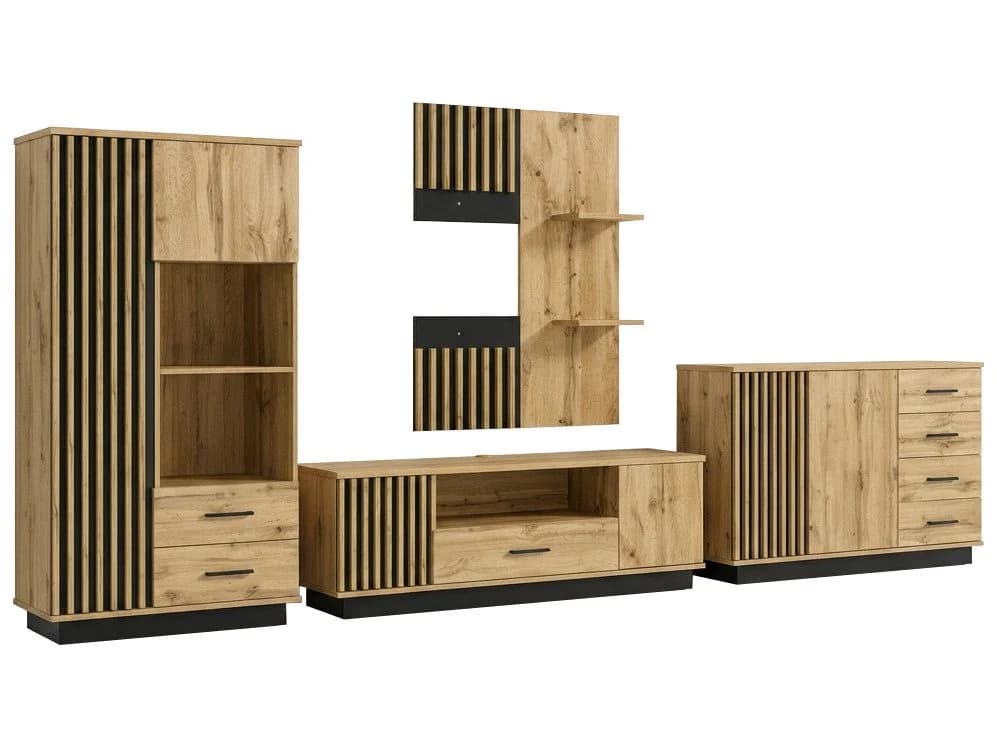 Beautysofa Wohnwand LAMELO 4-teilig Eiche Wotan Schwarz mit Lamellen