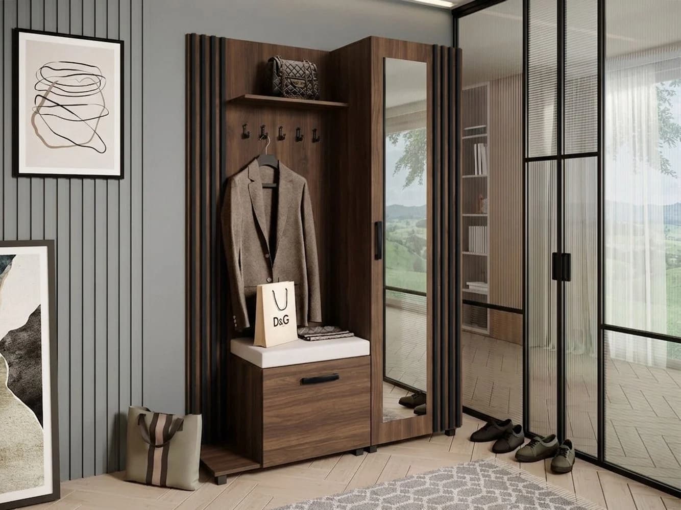 Beautysofa Garderoben-Set Livia Braun mit Schuhschrank und Kleiderstange