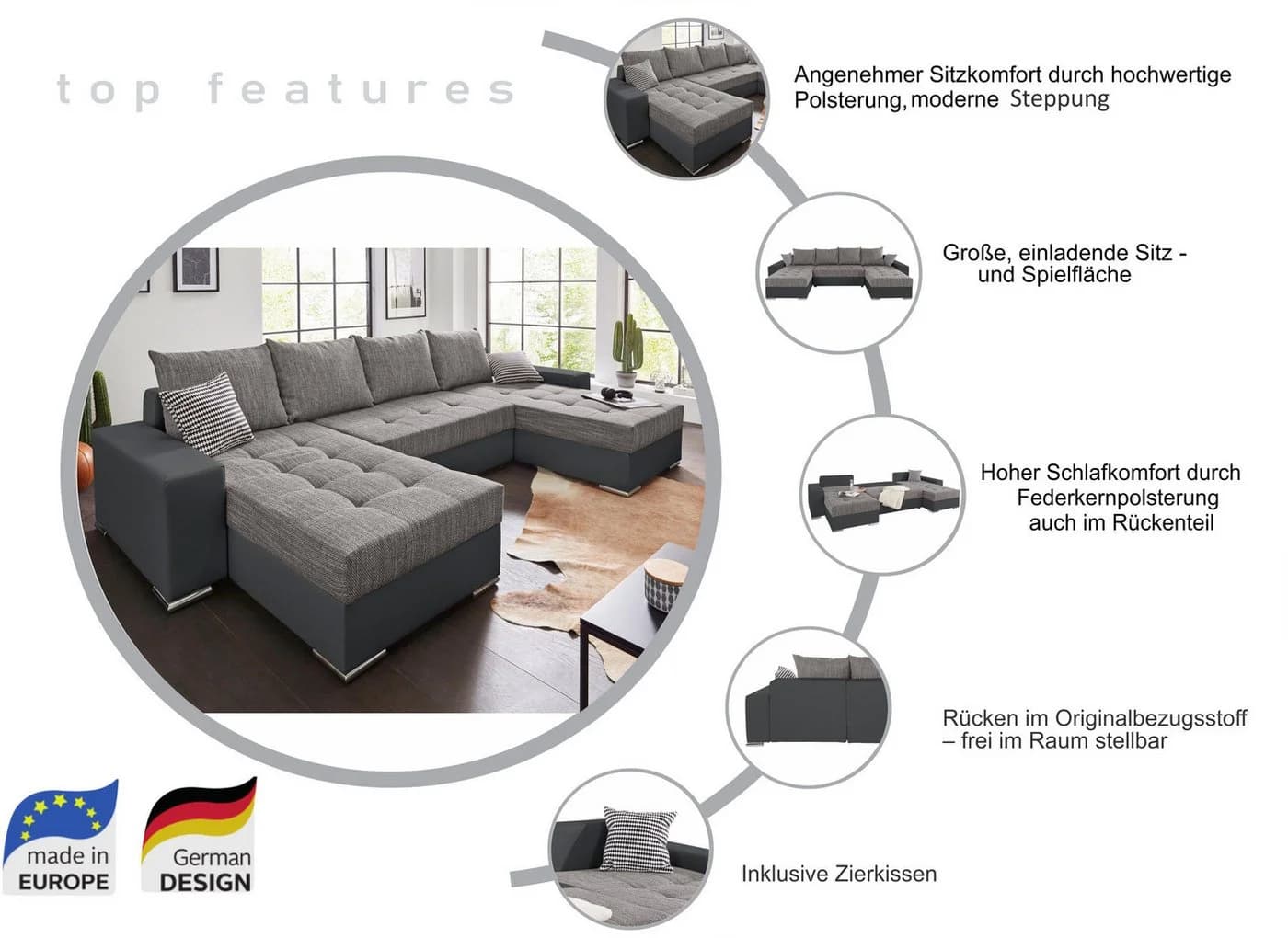 COLLECTION AB Wohnlandschaft Josy XL U-Form Braun mit Bettfunktion - Bild 3