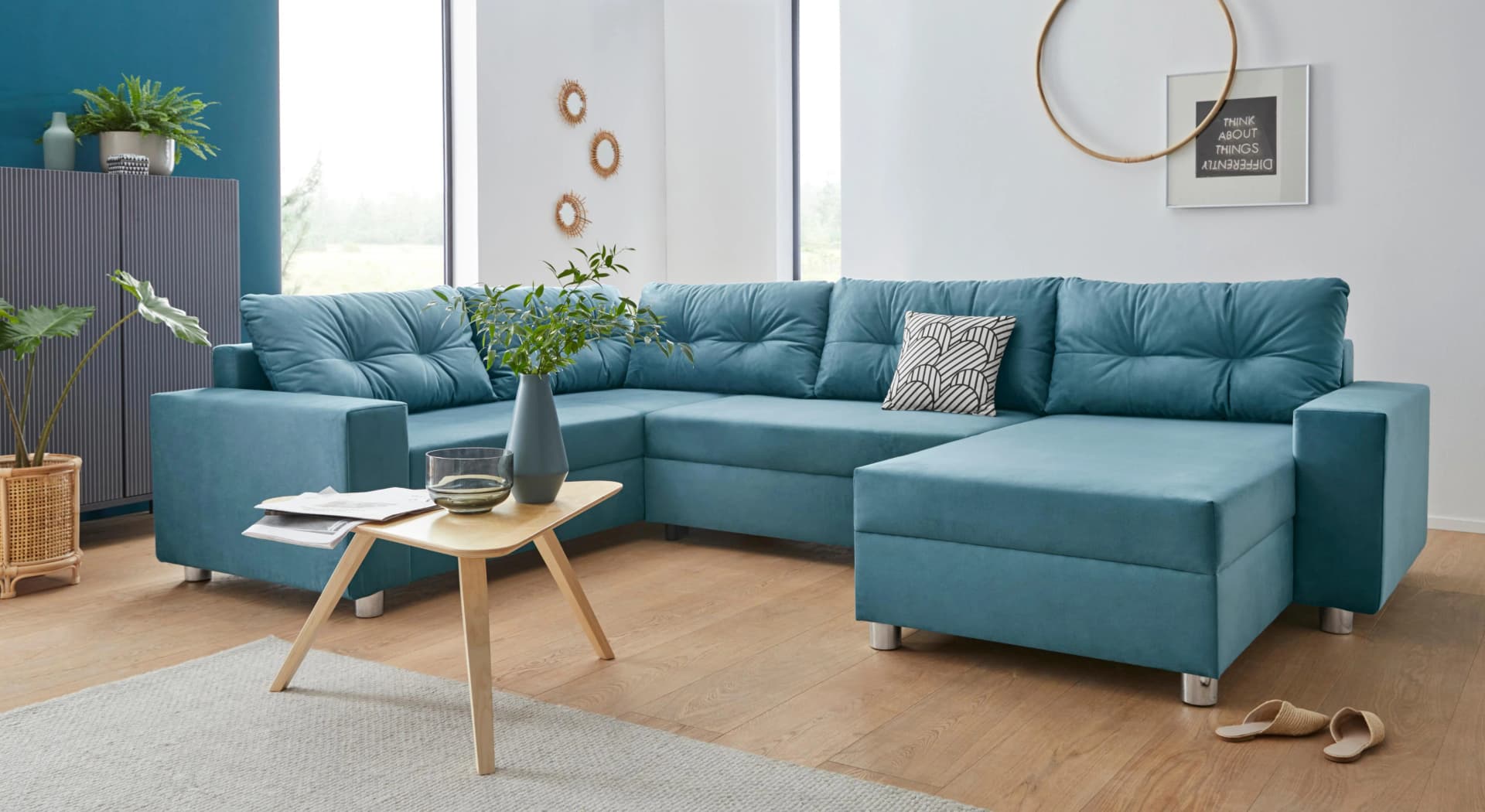 COLLECTION AB Paris U-Form Wohnlandschaft Blau Samtoptik