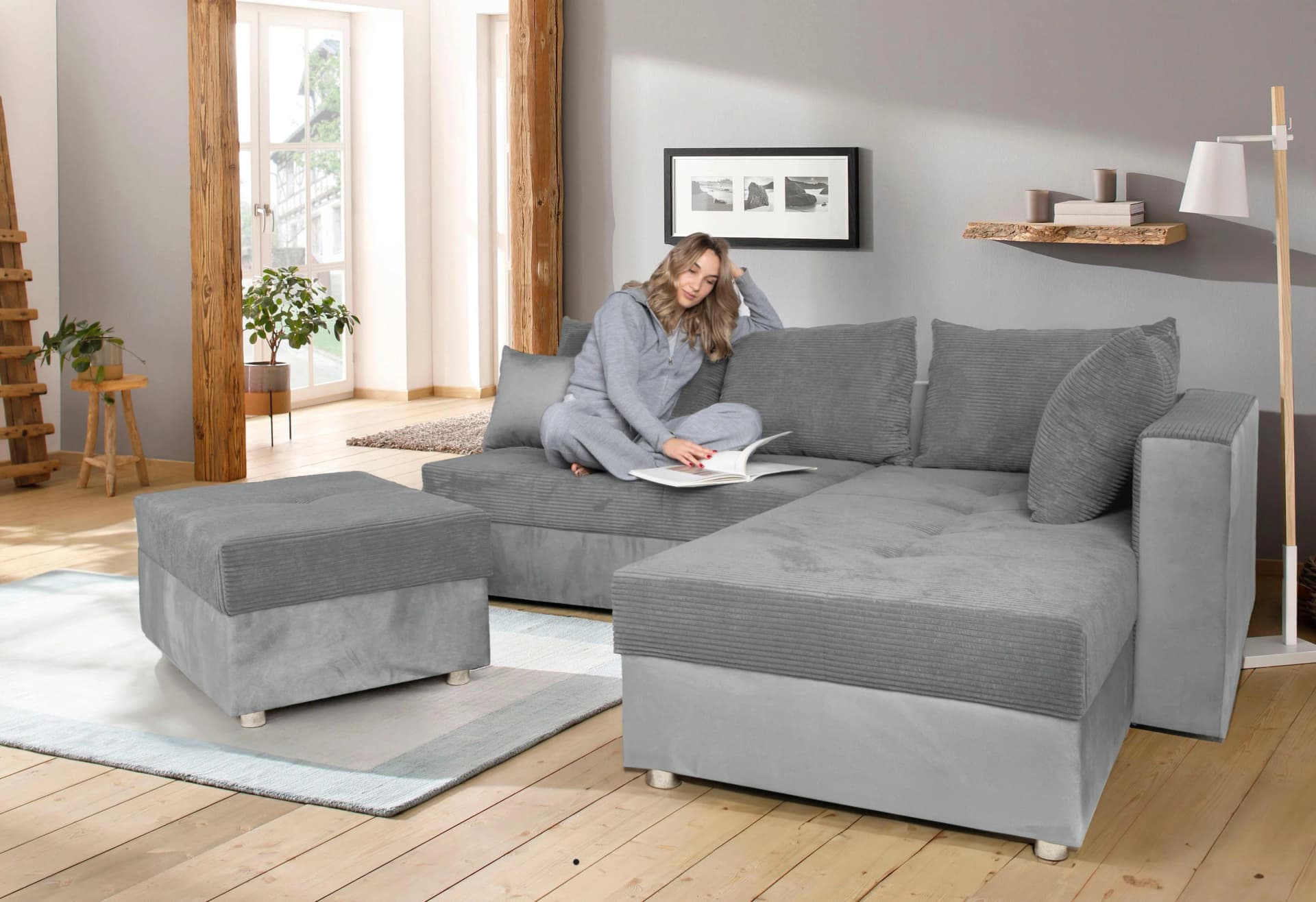 Ecksofa COLLECTION AB Italia L-Form Hellgrau mit Bettfunktion