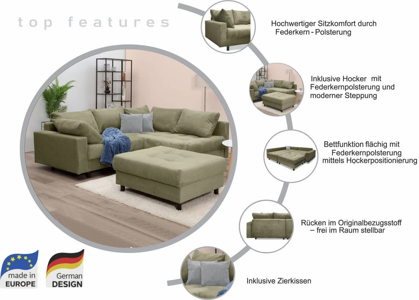 Ecksofa COLLECTION AB Toni L-Form Beige mit Hocker - Bild 3