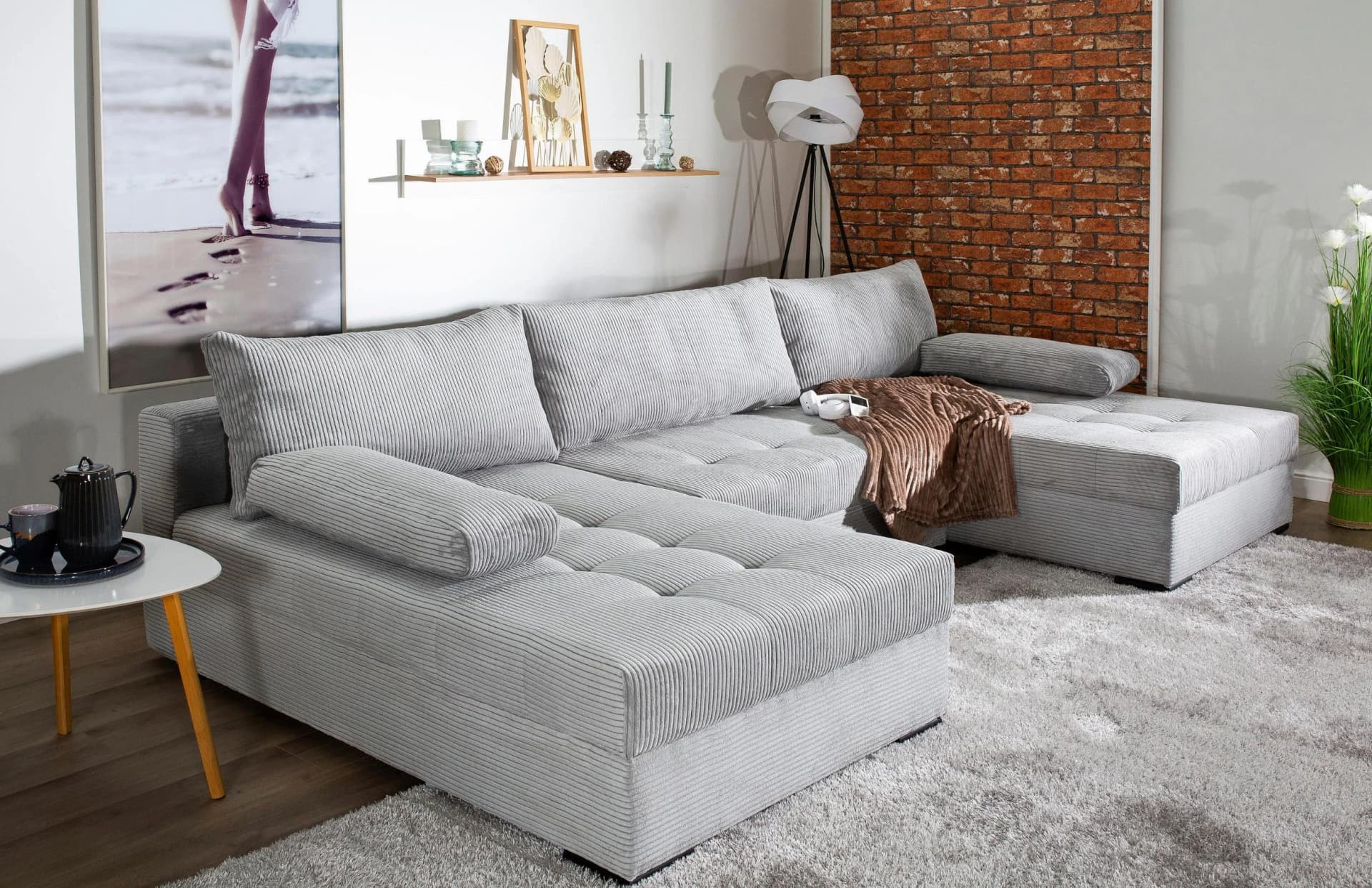 Wohnlandschaft COLLECTION AB Josy U-Form Hellgrau mit Bettfunktion