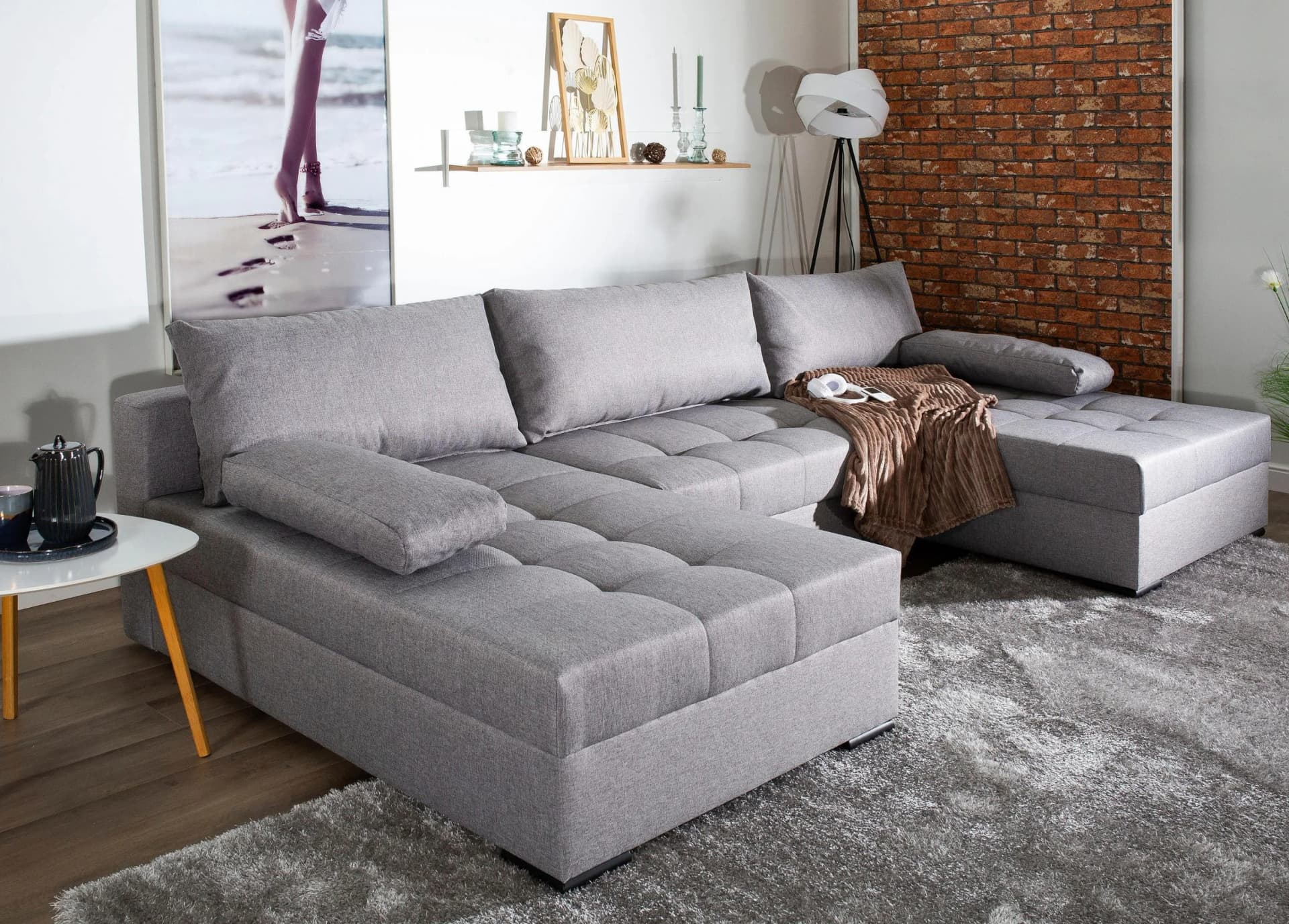COLLECTION AB Wohnlandschaft Josy U-Form Grau mit Bettfunktion