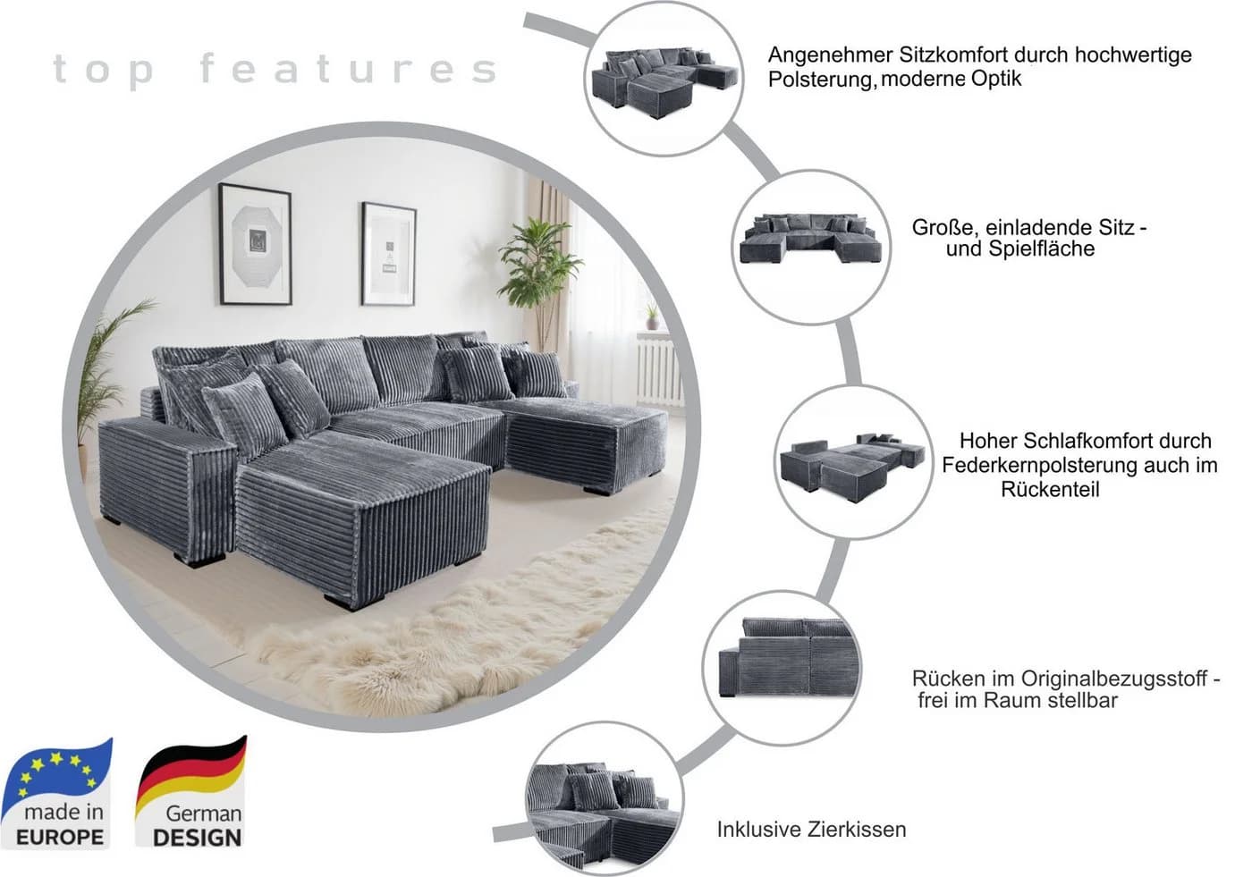 Wohnlandschaft COLLECTION AB "Manhattan" Anthrazit Cord-Bezüge - Bild 3