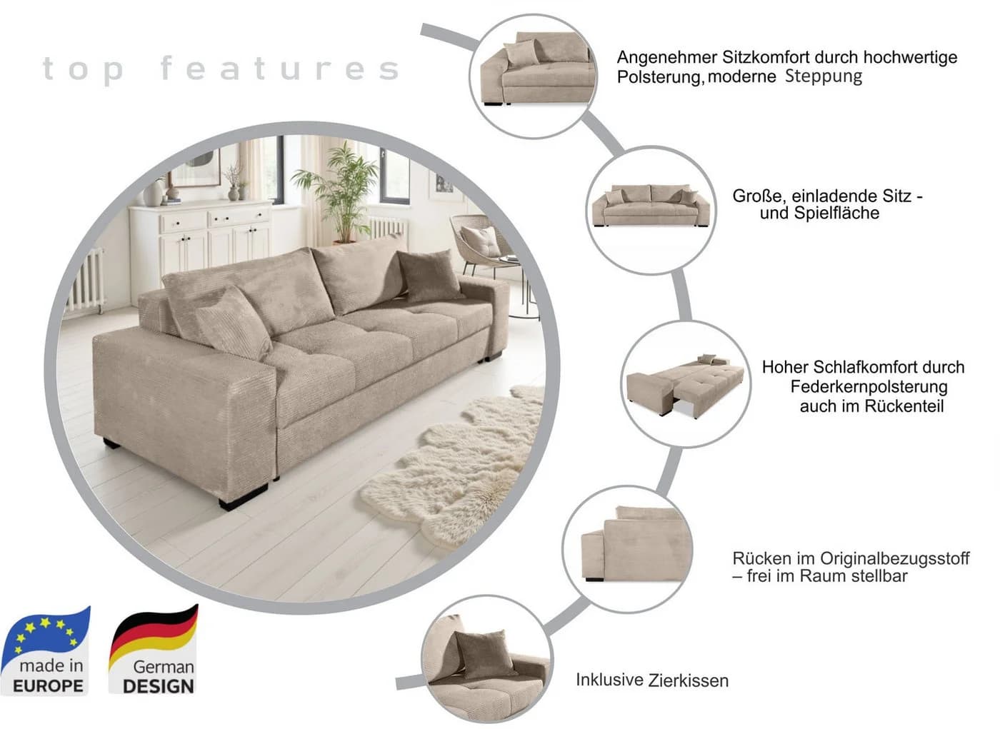 Schlafsofa COLLECTION AB Kreta mit Bettkasten und Zierkissen - Bild 3