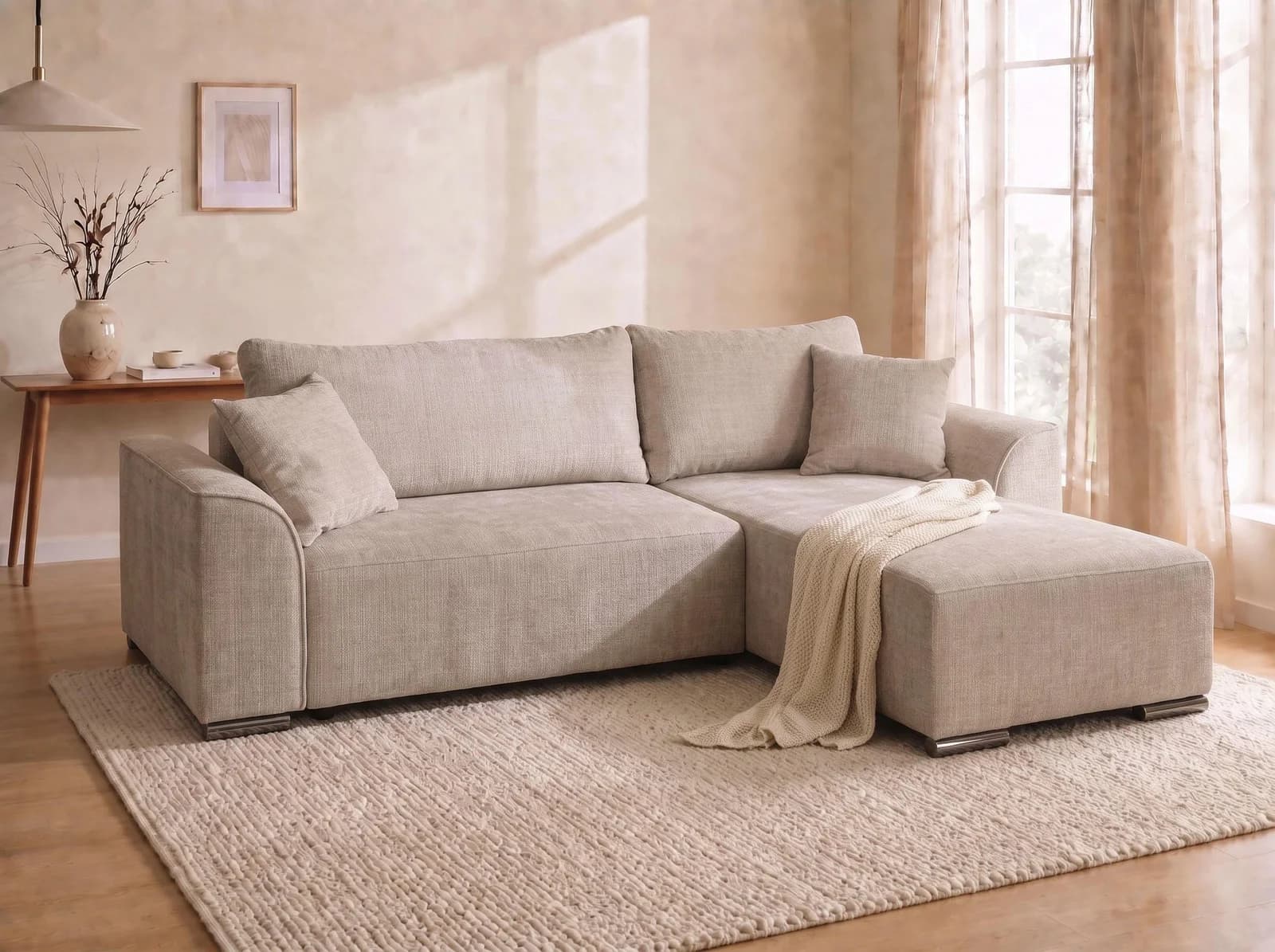 COLLECTION AB Ecksofa Sara L-Form Beige mit Schlaffunktion & Bettkasten