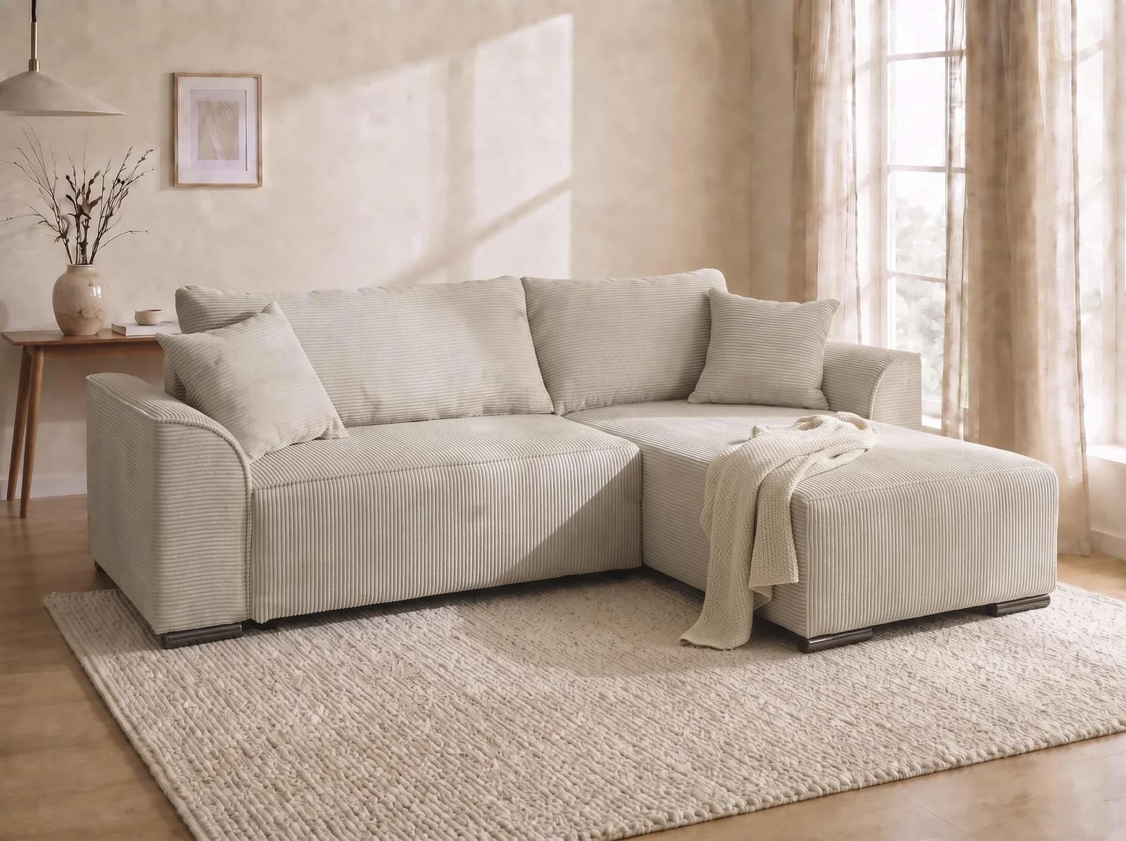 COLLECTION AB Ecksofa Sara L-Form Beige mit Schlaffunktion und Bettkasten