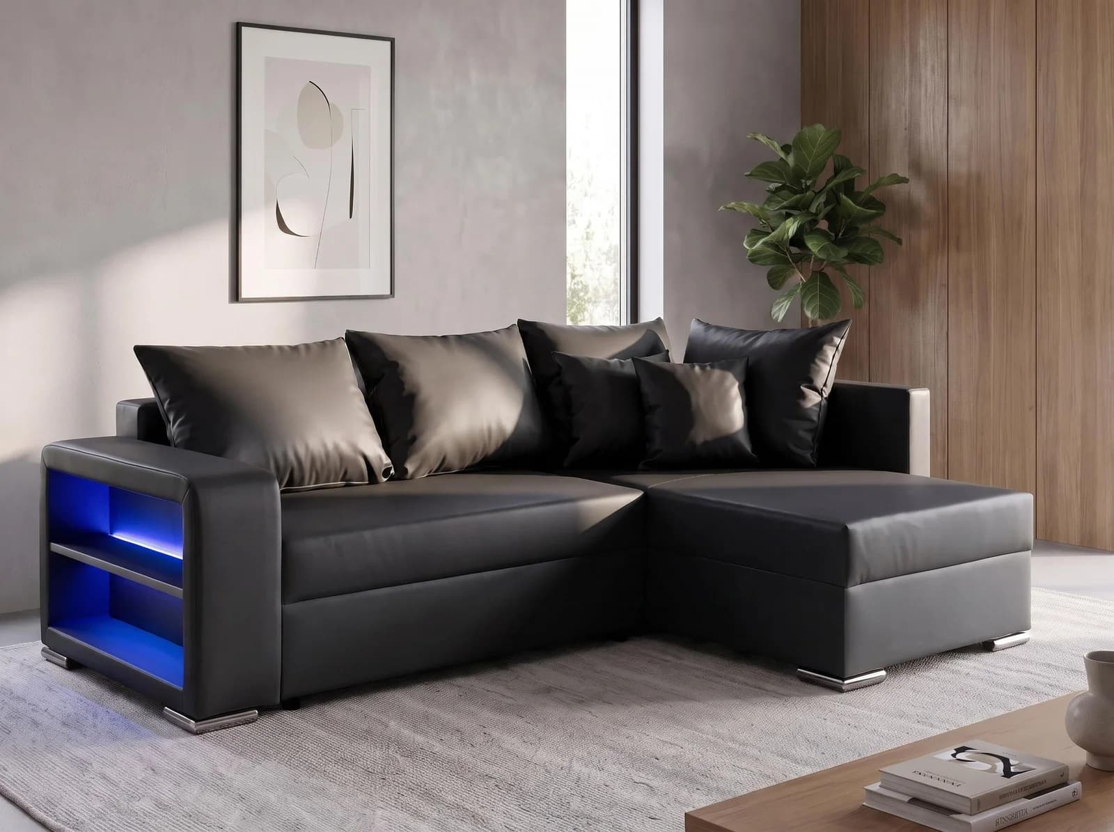 COLLECTION AB Ecksofa John L-Form Schwarz mit Schlaffunktion & LED