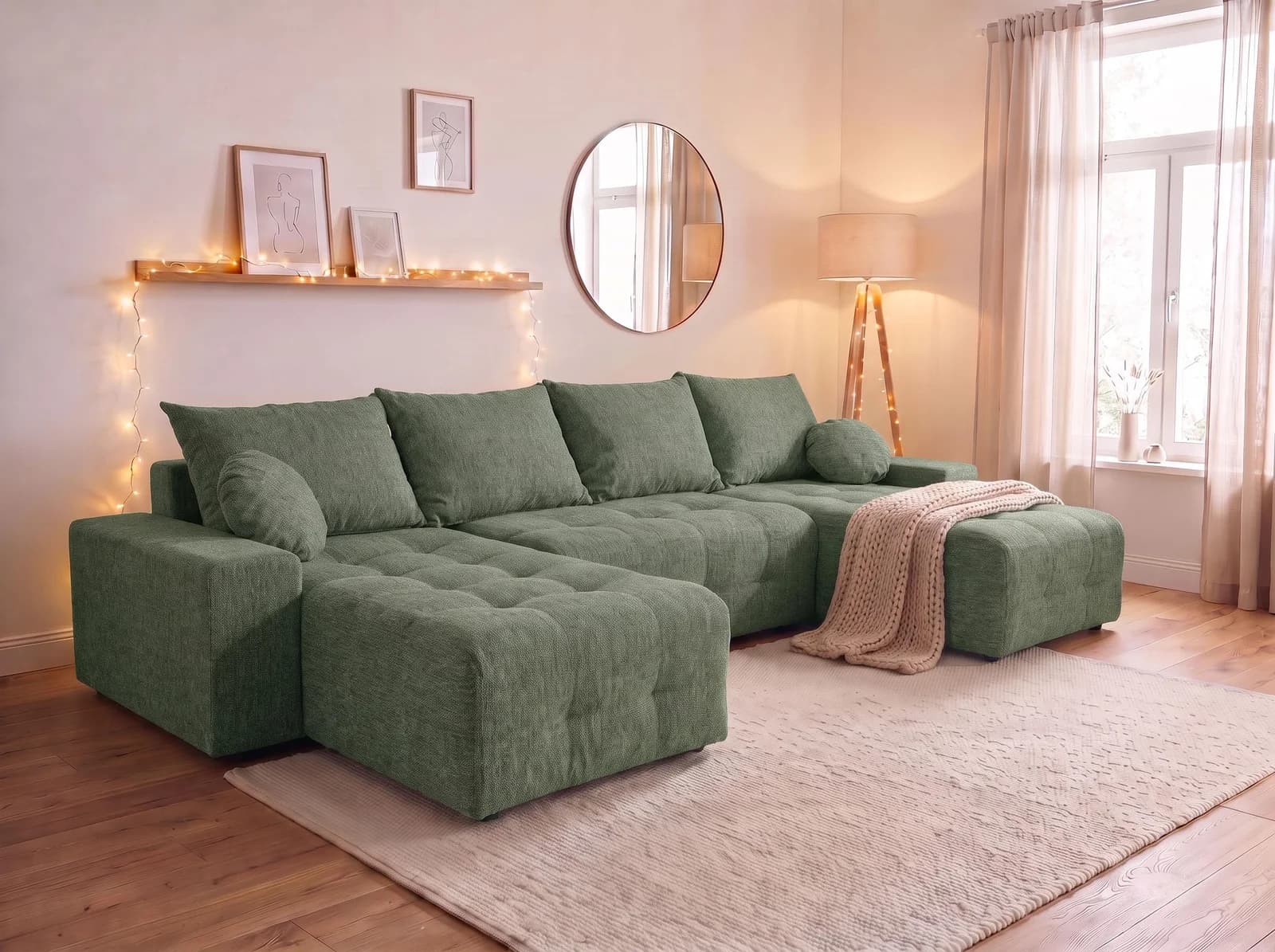 Wohnlandschaft Jessy U-Form grün mit Bettfunktion und Bettkasten