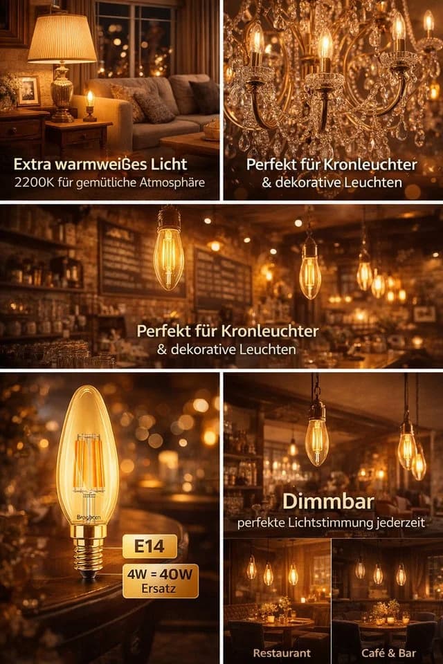 Braytron LED-Leuchtmittel 10x E14 Vintage Kerzenform Warmweiß Glas