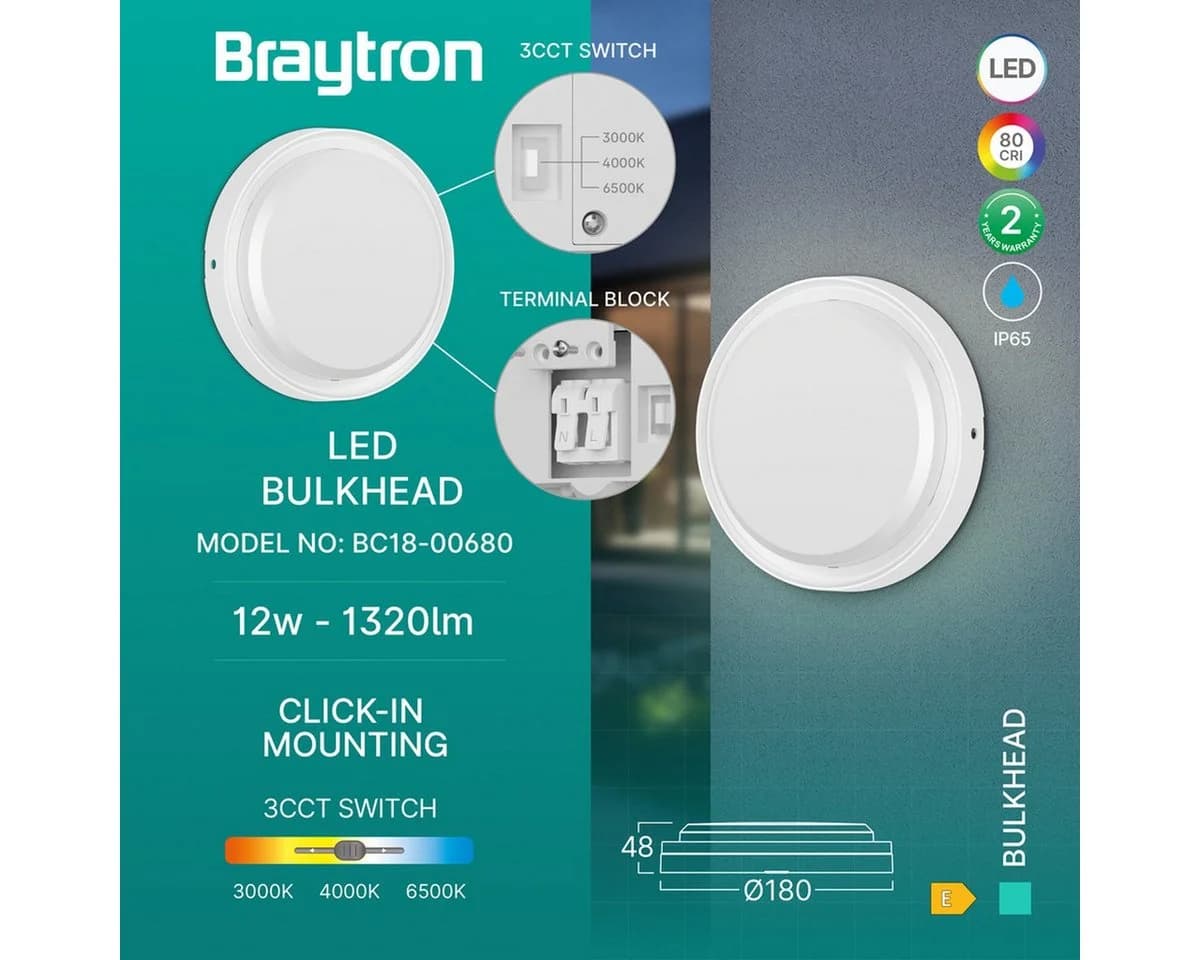 Braytron LED Deckenleuchte 12W 3CCT 1320 Lumen Weiß IP65 - Bild 3