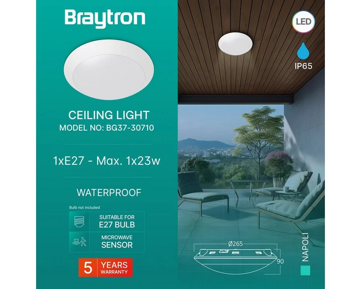 Braytron LED Deckenleuchte Außen IP65 weiß mit Bewegungsmelder E27 - Bild 3