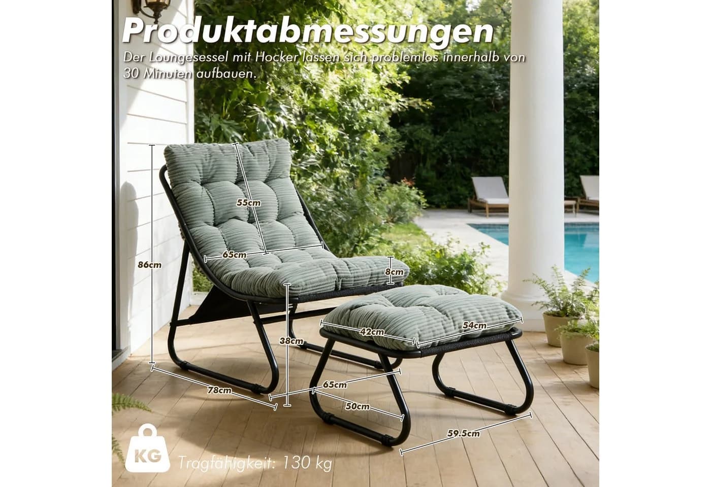 LVHOM Loungesessel mit Hocker Hellgrün Cord Stahlrahmen - Bild 3