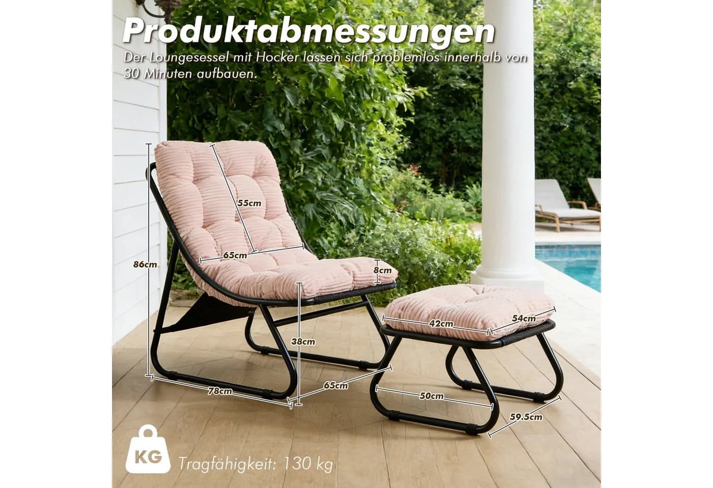 LVHOM Loungesessel mit Hocker Rosa Ergonomisch Stahl - Bild 3