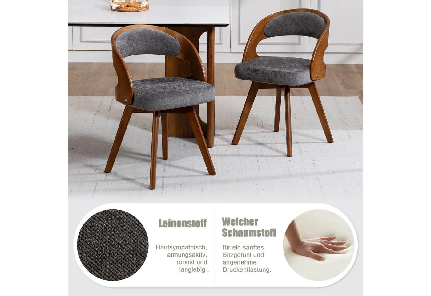 LVHOM Esszimmerstuhl 360° drehbar Massivholz grau Leinen 2er-Set - Bild 5