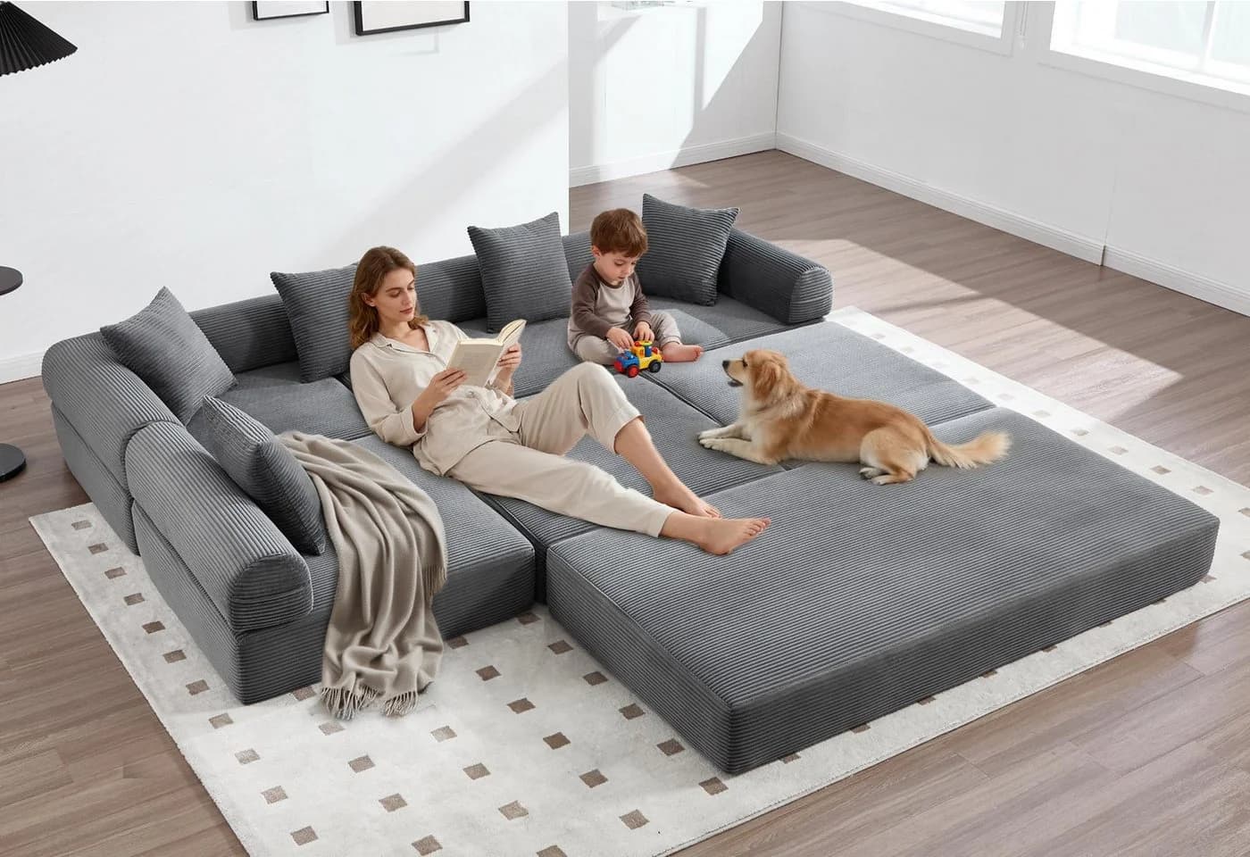 LVHOM Modulsofa mit Schlaffunktion Grau Cord - Bild 2