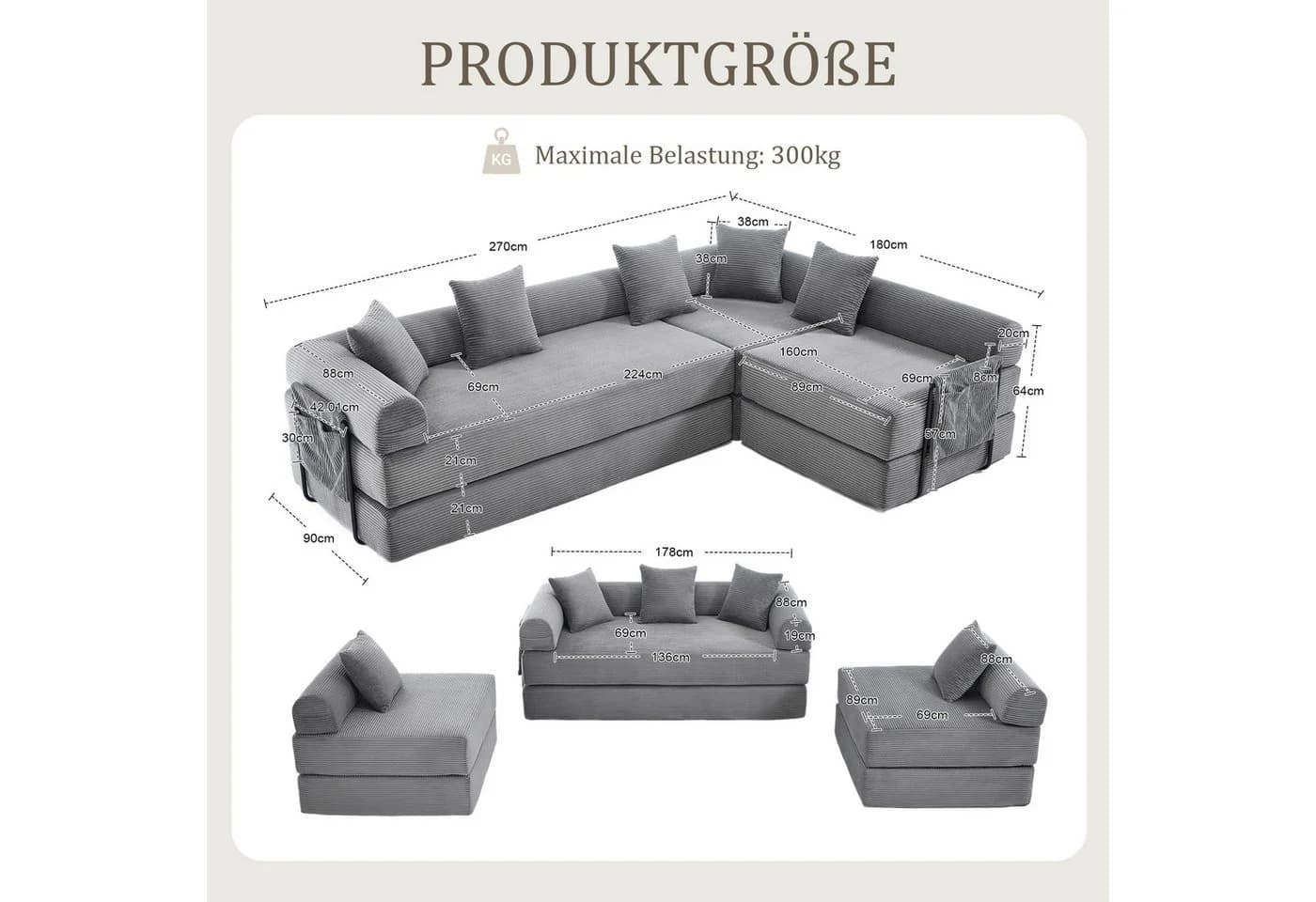 LVHOM Modulsofa mit Schlaffunktion Grau Cord - Bild 3