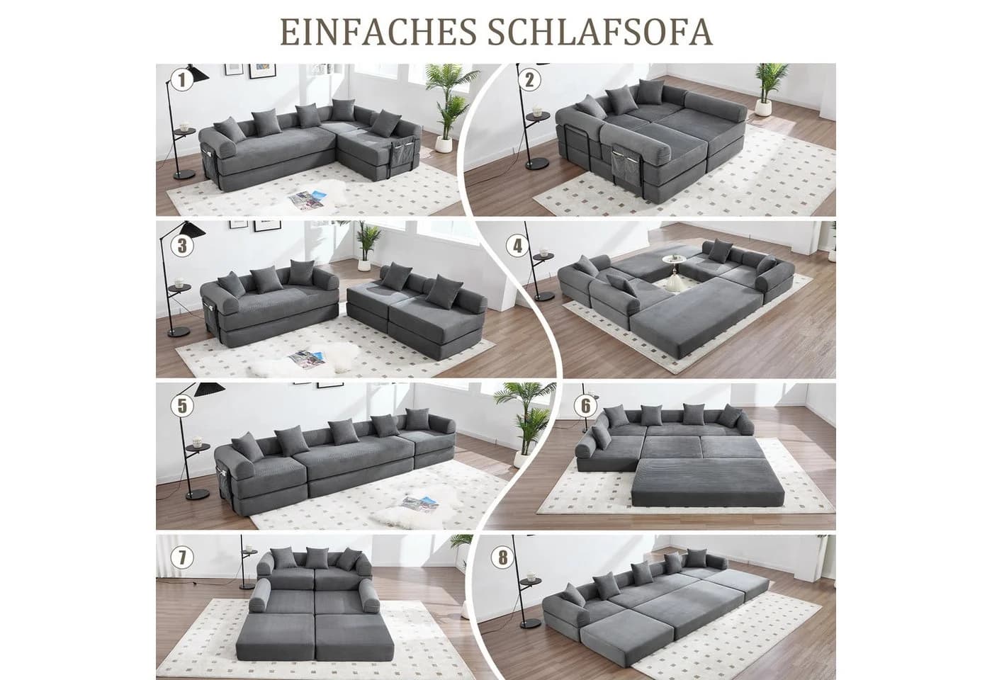 LVHOM Modulsofa mit Schlaffunktion Grau Cord - Bild 4