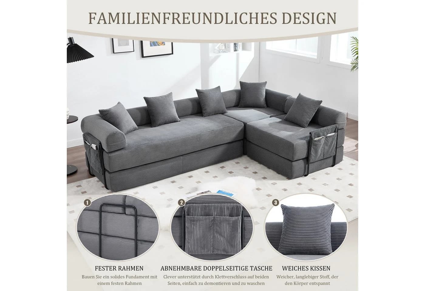 LVHOM Modulsofa mit Schlaffunktion Grau Cord - Bild 5