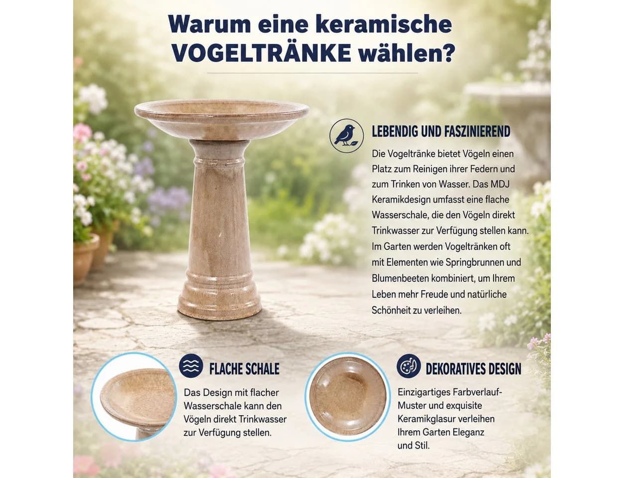 LVHOM Keramik Vogelbad Beige Handgefertigt Wetterfest - Bild 4