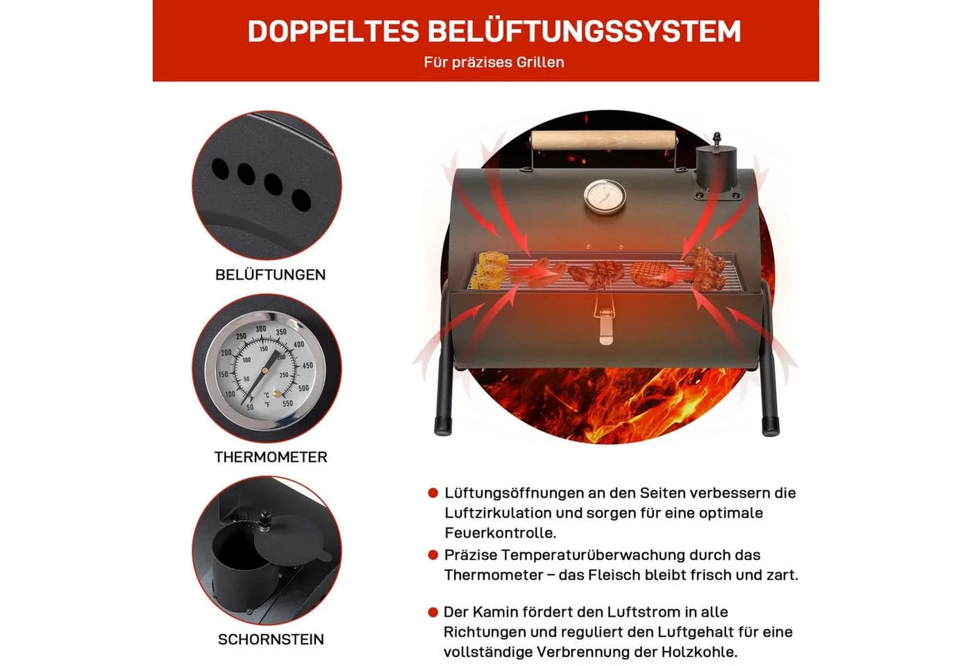 LALAHO Tragbarer Holzkohlegrill mit Deckel und Thermometer - Bild 3