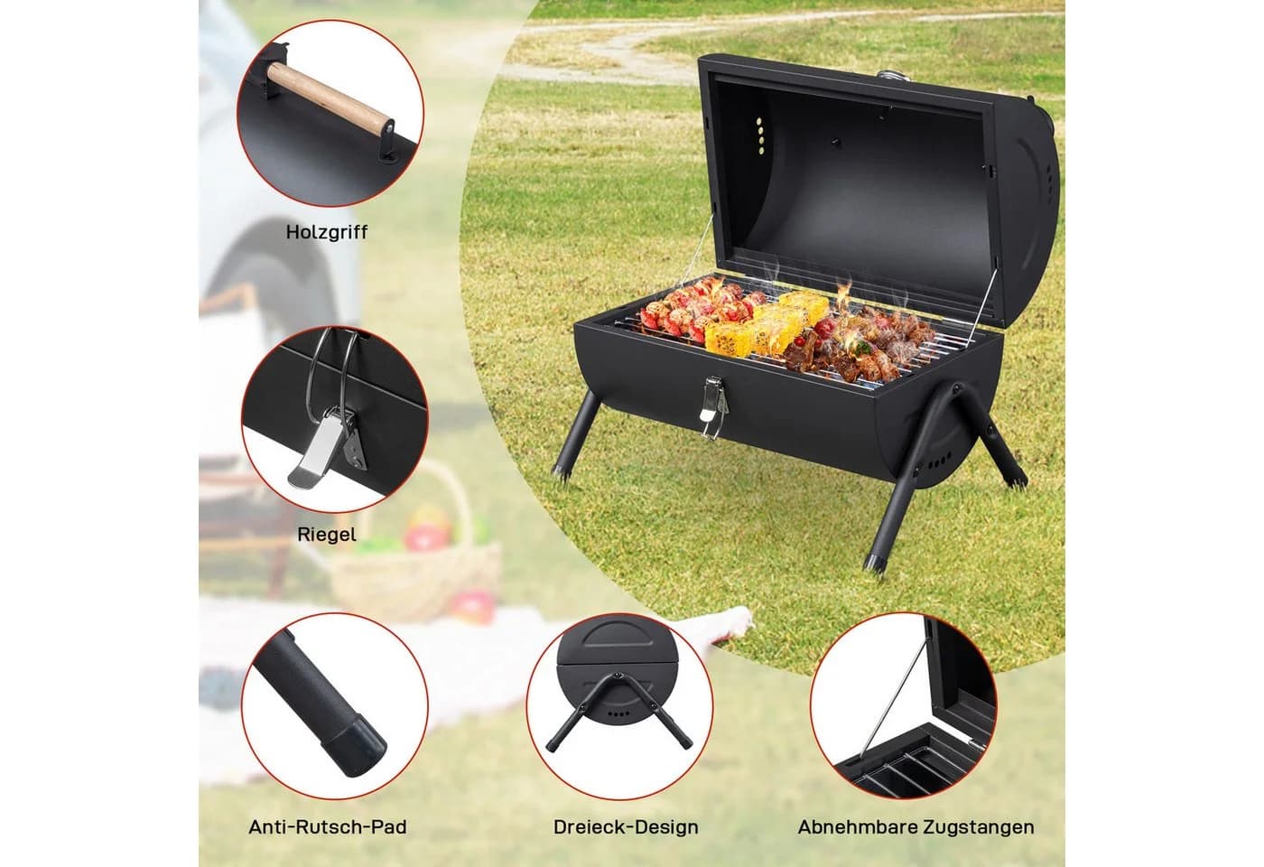 LALAHO Tragbarer Holzkohlegrill mit Deckel und Thermometer - Bild 4