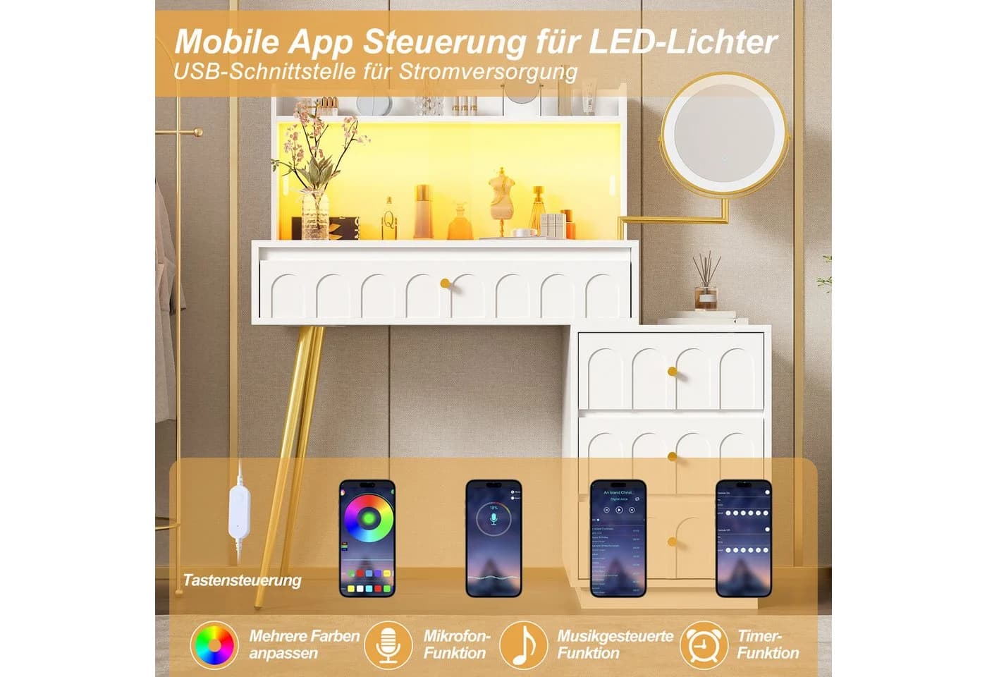 i@home Schminktisch mit LED-Spiegel und Glasschiebetüren Weiß - Bild 5