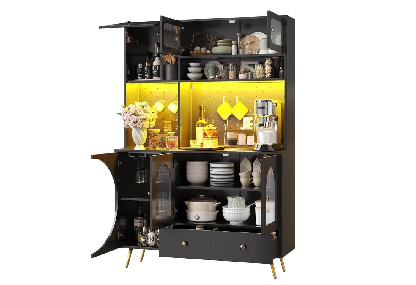 i@home Hochschrank Sideboard Schwarz mit LED, USB & Steckdosen